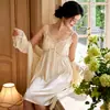 Sexy Conjunto de Ropa de Dormir de Seda Helada para Mujer para Verano con Copas, Estilo Puro Deseo de Encaje Camisola de Princesa Bata de Baño Set de Ropa de Casa