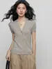 Camiseta de punto acanalado con cuello en V para mujer, estilo Hegan/Verano, con lana, corte ajustado, elástica, top de estilo casual