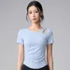 Top de Yoga Feminino com Decote Redondo, Manga Curta, Vazado em um Lado, Alta Elasticidade, Secagem Rápida, Cintura Marcada, Emagrecimento, Top Curto para Fitness, Pilates, Esportes