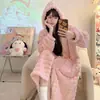 Pijama de Terciopelo Coral para Mujer, Bata de Noche con Capucha para Otoño e Invierno, Estilo Espeso y Dulce, Talla Grande 150kg Bata de Baño Ropa de Casa
