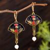 Pendientes Medievales de Abanico Incrustados con Rubíes, Pendientes Personalizados Creativos de Oro Antiguo Tallado Flor de Bauhinia Perla Joyería