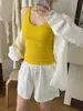 Camisola de Color Puro de Moda para Mujer con Cuello en U, Copas Fijas Sin Costuras, Camiseta sin Mangas Versátil de Estilo Básico
