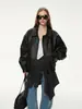 Jaqueta Feminina de Couro PU Outono 2026 Casaco Preto Corte Solto Gola Reversível Zíper Costura Jaqueta Casual de Manga Longa Top