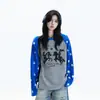 Camiseta de punto waffle estilo americano de nicho con estampado de estrellas y bloques de color, manga larga raglán, unisex, para otoño, cuello redondo, moderna