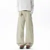 Calça casual masculina preta de perna larga com costura lateral, caimento solto, fluida, barra curva, comprimento até o chão, calças estilo japonês relaxadas para homens
