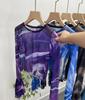 Tiro Real Distintivo Tie-Dye Delgado Cuello Redondo Holgado Corto Mangas de Trompeta Manga Larga Camiseta Malla Protector Solar Blusa Top 8891