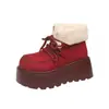 Botas de Neve Quentes com Plataforma de Solado Grosso para Mulheres 2024 Novo Estilo de Inverno com Cadarço Forradas com Lã Espessadas Bico Redondo Botas Curtas de Algodão