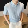 2026 Verão Novo Masculino Fino Estilo Old Money Respirável Mistura de Linho Gola Polo Tricô Manga Curta Listrada Camiseta para Homem