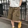 Shorts de Trabalho Americano Retrô Marrom Lavado para Homens, Verão Casual Estilo Lenhador Soltos de Cinco Pontos com Pernas Largas