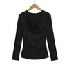 2564-25 Novo Estilo de Inverno Estilo Europeu e Americano Sexy Gola Pura Desejo Manga Longa Plissado Slim Camisa de Base Top Camiseta