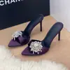 Sandalias de tacón de aguja con pedrería morada para mujer, Tacones altos con borlas y punta abierta, Zapatillas de media caña sin cordones sexys de punta
