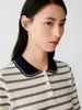 Camiseta de Verão Feminina Pulôver Xiaohe Tong com 5% de Caxemira, Gola Polo de Cor Contrastante, Tricô Listrado, Estilo Elegante para o Trabalho
