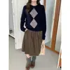 Suéter Tricô de Lã com Gola Redonda e Padrão de Diamantes Vintage Novo 2026 para Mulheres, Blusa Pulôver Fashionável para Primavera, Outono, Inverno