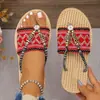Chanclas tejidas de diamantes coloridos estilo bohemio, sandalias planas rayadas de estilo étnico para vacaciones y playa, sandalias de mujer de comercio exterior transfronterizo