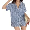 Sudeste Asiático Sudeste Asiático transfronteiriço Azul simples verão manga curta shorts pijama Conjunto de roupas para casa feminino
