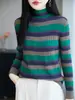 Lã fiada cor suave em blocos vibrante e estiloso gola semi-alta manga longa básico versátil top casual para primavera e outono para mulheres