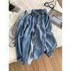 Artículo Popular de Alta Calidad de las Trece Líneas de Guangzhou ~ Principios de Otoño Delgado Holgado Sensación Relajada Cuello Suelto Camisa Cardigan Azul Claro