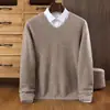 Outono e inverno Nova lã pura masculina com decote em V solto engrossado Casual Negócios Cor Sólida Suéter de Caxemira Base Suéter