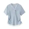 Camiseta de Manga Corta con Parches de Encaje Falsos de Dos Piezas y Cuello en V para Mujer, Nueva Tendencia Popular de Verano 2025, Top Corto Ajustado