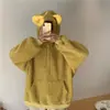Suéter Feminino Design Sense Nicho Veludo de Cordeiro Imitação Capuz com Orelhas de Urso Fofo Outono e Inverno Tamanho Grande Manga Longa Solto