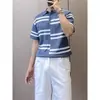 Ins moda tendencia verano ligeramente maduro camisa polo hombre nuevo juventud popular tejido raya manga de cinco puntos versátil estándar