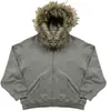Jaqueta Tendência Unissex Estilo Y2K Estilo Street Rock Estilo Punk com Gola de Pele Jaqueta com Padrão Cinza