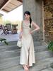 LS 2025 Diseño de Verano Cuello Francés Satén Acético Skinny Abertura Vestido Sling 22309#