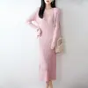 Vestido feminino de manga longa com decote V 100% lã pura, caimento justo com design canelado, saia longa interna, novo estilo outono e inverno
