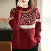 Cross Cross 2025 Outono/Inverno Novo Retrô Pelo de Guaxinim Gola Redonda Tricô Manga Longa Feminino Jacquard Fair Isle Largo