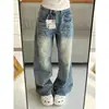 Jeans Azules Lavados Estilo Americano con Hendiduras de Rayo para Mujer, Nuevo Modelo de Invierno, Pantalones Largos Casuales Rectos Sueltos, Modernos