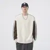 Suéter Masculino com Costura de Cor Contrastante Primavera e Outono Gola Redonda Manga Longa Camiseta Masculina Marca Tendência Jovem Manga Raglã Camisa Base Esportiva T