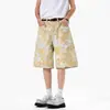 Shorts Jeans Jacquard Amarelo Tie-Dye All-Over Masculino Verão Fino Americano Retrô Solto Reto Camuflado Cinco Pontos