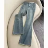 Jeans Boca de Sino Azul Nostálgico com Bainha Desfiada para Mulheres 2026 Primavera/Outono Tendência Versátil Novo Cintura Alta Emagrecimento Stretch Calças Boca de Sino
