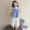 Elegante Conjunto de Pantalones Anchos Finos de Verano para Bebés Niñas 2026 Nuevo Estilo Coreano Casual Cuadros Conjunto de Dos Piezas de Verano