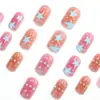 Uñas postizas de color naranja degradado con puntos de estrella, cuadradas cortas, estilo dopamina Y2K, chica energética, naranja melocotón, uñas postizas