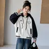 Sudadera con capucha para niña de otoño, manga larga, bloques de color, cremallera, nuevo estilo 2026 para niños medianos y mayores, moderna, elegante, estilo coreano, jeans de pierna ancha