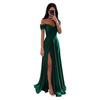 Vestido de dama de honra de cetim ombro a ombro casamento longo plissado linha A espartilho formal vestido de formatura com fenda