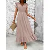 Vestido longo de alça V com babados e acinturado, atacado em estoque, novo modelo de verão, estilo europeu e americano transfronteiriço para férias na praia