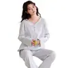 Atacado Algodão Puro 40s 200g Jacquard Pijama Feminino Outono Novo Estilo Manga Longa Calça Longa Conjunto de Duas Peças Roupa de Casa Pode