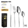 Juego de cubiertos de acero inoxidable Amazon transfronterizo, cuchillo, tenedor y cuchara, 24 piezas, para 6 personas, mango cuadrado, cuchillo, tenedor y cuchara para bistec occidentales
