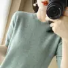 Camisa de Manga Curta com Gola Meia Tartaruga para Primavera e Outono, Camisa Básica Feminina, Blusa de Lã Mesclada Solta, Suéter Fino de Tricô de Manga Meia Curta para Mulheres