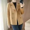 100% Lã Pura Outwear de Lã Dupla Face Feminino Gola Lapela Curto de Lã Simples Cor Pura Versátil Cardigã com Bolsos