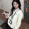 Estilo Coreano Nuevo Otoño e Invierno Tejido Casual Perezoso Falso Dos Piezas Cuadros Suelto Suéter Cárdigan Blanco Crudo
