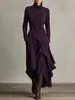 Vestido Longo Feminino Tamanho Europeu 2025 Site Independente da Amazon Primavera e Outono Cor Sólida Manga Longa Cruzado Gola Alta