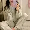 Primavera y Otoño Ins Estilo K Lindo Cuello Redondo Imitación Algodón Tela Arrugada Pijama para Mujer Manga Larga Pantalón Holgado Traje de Casa para Estudiante