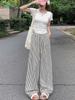 Pantalones Rectos Filipinos Seleccionados Cuidadosamente para Mujer, Rayas Verticales Finas, Cintura Alta, Estilo Casual Holgado Perezoso, Pantalones de Pierna Ancha