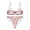 Roupa íntima de renda feminina fina sexy para seios grandes e pequenos anti-queda com aro de aço macio conjunto de sutiã puro