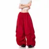 Calça Cargo Casual de Cor Sólida com Bolsos Grandes e Design Plissado, Estilo Streetwear Americano, Perna Larga Solta para Homens, Verão, Cor Vibrante Solta, Calça Parachute Tendência