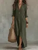 Vestido de corte solto, Primavera/Verão 2026, cor sólida, com gola, casual, com fenda, vestido longo, preto, branco, verde