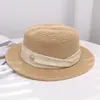 Chapéu de Palha Tecido Elegante Estilo Francês com Topo Plano para Mulheres, Chapéu de Palha com Proteção Solar para Férias na Praia de Verão